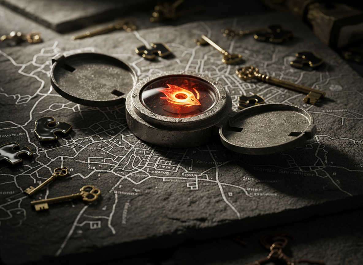 A rugged, oversized metal compass embedded with a glowing stylized raven eye symbol lies open on a weathered stone map of Stavanger’s city streets, each route etched in precise silver lines. Around it, sleek black-and-gold puzzle tokens and worn brass keys are scattered, hinting at hidden challenges. Dramatic, directional lighting from the upper left carves bold highlights into the metal and deep shadows into the stone texture, creating a powerful, cinematic mood. Shot from a slightly elevated, close-up angle in photographic realism, with a shallow depth of field that blurs the outer edges of the map, the composition feels bold and mysterious, perfectly capturing the essence of an urban escape adventure hub.