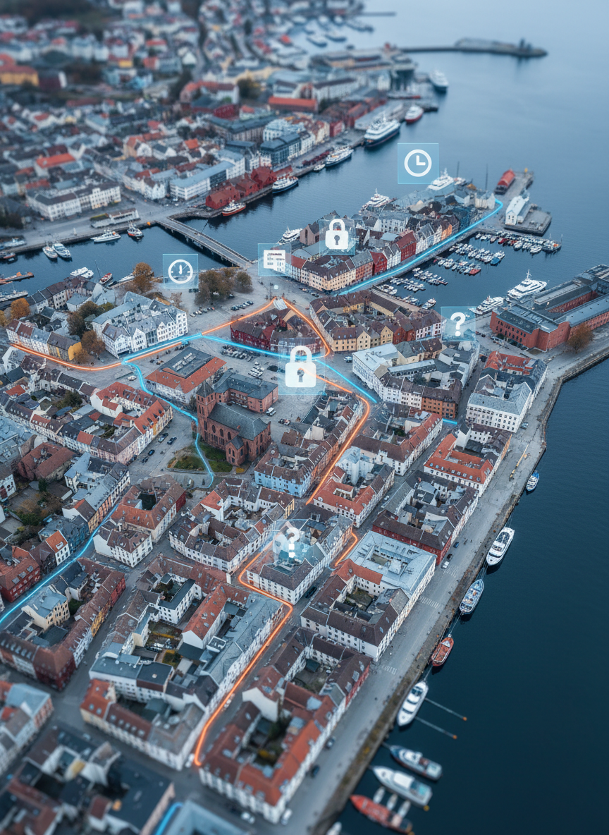 A detailed bird’s-eye view of a compact Scandinavian harbor city, clearly inspired by Stavanger, shows winding cobblestone streets, colorful wooden buildings, and a glittering waterfront. Certain routes glow subtly in neon-like lines, forming a visible game path through plazas, alleyways, and historic landmarks. Floating above the map, sleek translucent icons of locks, riddles, and time counters indicate interactive challenges. The scene is lit by a cool, overcast daylight that enhances the crisp realism of rooftops and water reflections, while the glowing paths add bold contrast. Captured in photographic style with sharp focus and slight tilt-shift effect, the composition feels strategic and dynamic, evoking a high-tech city escape game board come to life.