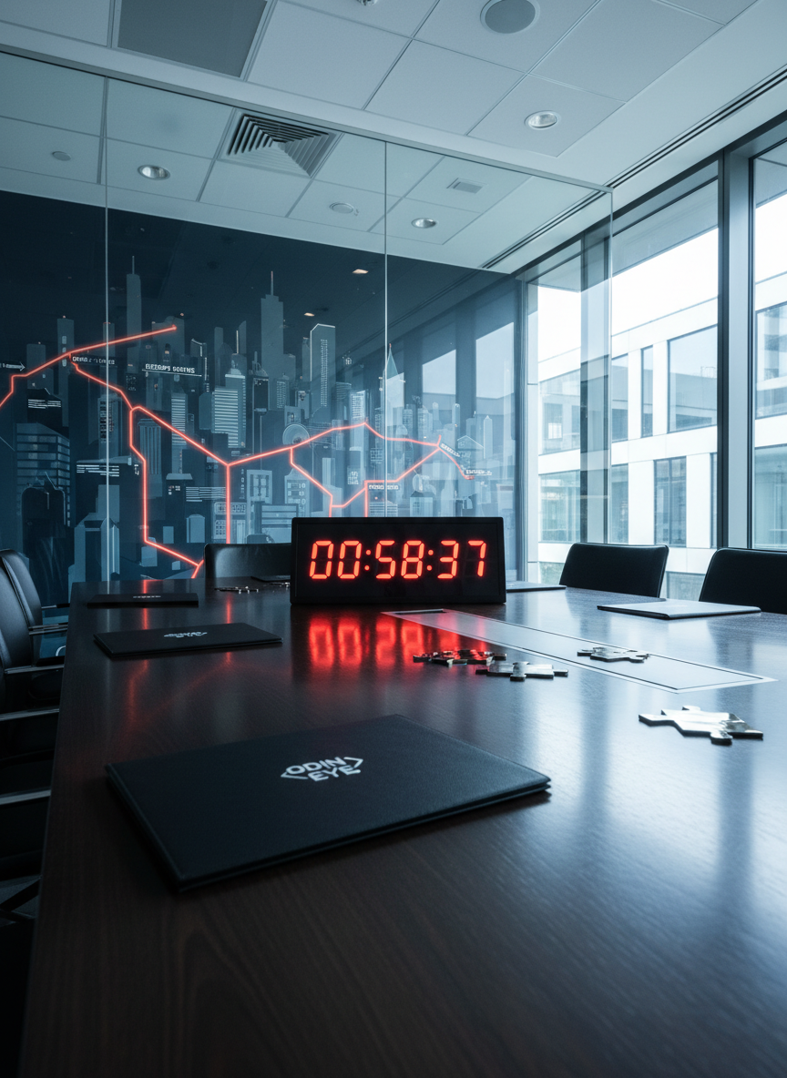 A sleek corporate meeting table in a minimalist glass-walled room overlooks a stylized city skyline illustration printed on a large wall panel, where certain streets are highlighted as potential escape routes. On the dark wooden tabletop lie branded Odin Eye game folders, metallic puzzle props, and a large digital countdown display reflecting faintly in the polished surface. Cool, bright office lighting mixes with soft daylight from floor-to-ceiling windows, producing crisp, modern contrast. Captured from a low, diagonal angle in photographic realism, the composition uses strong leading lines from the table edges toward the city illustration. The mood is bold, strategic, and focused, representing high-energy corporate team-building through immersive city escape challenges, without any people present.