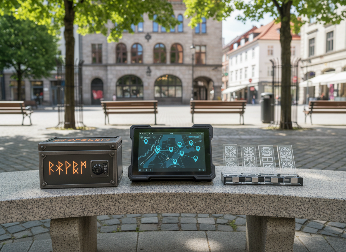 An intricately designed escape-game puzzle station sits on a stone bench in a quiet city square, entirely devoid of people. The station includes a robust touchscreen tablet showing a map of Stavanger overlaid with glowing objectives, a heavy steel lockbox with engraved runes, and transparent acrylic puzzle tiles etched with geometric symbols. Surrounding benches, trees, and historic buildings are softly out of focus. Bright but slightly diffused midday sunlight filters through leaves, casting dappled patterns over the equipment. Captured at eye level with a moderate depth of field in clean photographic realism, the composition centers the puzzle station, giving it a bold presence. The atmosphere feels energetic and inviting, communicating a high-tech yet tangible city escape experience in a real urban setting.