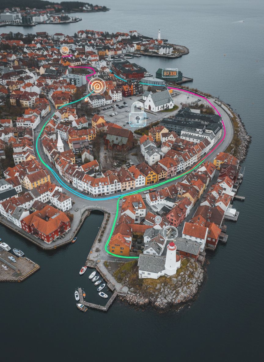 A detailed bird’s-eye view of a compact Scandinavian harbor city, clearly inspired by Stavanger, shows winding cobblestone streets, colorful wooden buildings, and a glittering waterfront. Certain routes glow subtly in neon-like lines, forming a visible game path through plazas, alleyways, and historic landmarks. Floating above the map, sleek translucent icons of locks, riddles, and time counters indicate interactive challenges. The scene is lit by a cool, overcast daylight that enhances the crisp realism of rooftops and water reflections, while the glowing paths add bold contrast. Captured in photographic style with sharp focus and slight tilt-shift effect, the composition feels strategic and dynamic, evoking a high-tech city escape game board come to life.