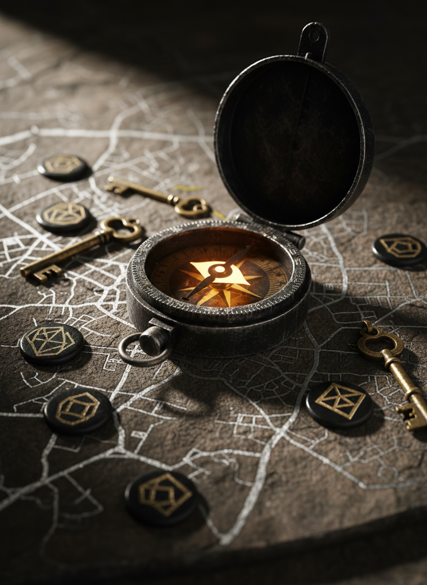 A rugged, oversized metal compass embedded with a glowing stylized raven eye symbol lies open on a weathered stone map of Stavanger’s city streets, each route etched in precise silver lines. Around it, sleek black-and-gold puzzle tokens and worn brass keys are scattered, hinting at hidden challenges. Dramatic, directional lighting from the upper left carves bold highlights into the metal and deep shadows into the stone texture, creating a powerful, cinematic mood. Shot from a slightly elevated, close-up angle in photographic realism, with a shallow depth of field that blurs the outer edges of the map, the composition feels bold and mysterious, perfectly capturing the essence of an urban escape adventure hub.