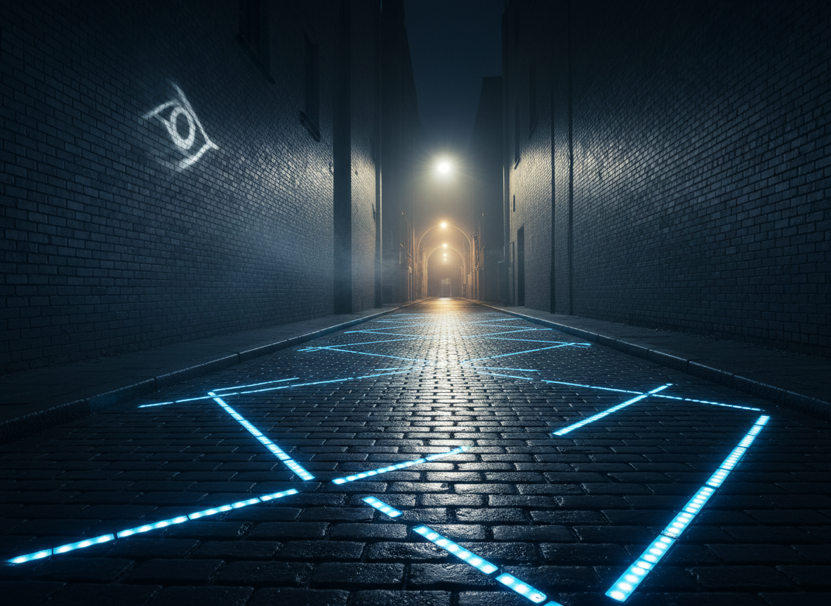 A dramatic nighttime city alley scene, completely empty, with glossy cobblestones reflecting the cool blue glow of embedded LED arrows that snake between trash-free brick walls toward a distant illuminated archway. Above the alley, a stylized raven eye symbol is projected faintly onto the bricks, barely visible through wisps of mist. Strong, cinematic side lighting from an unseen streetlamp creates deep, graphic shadows and intense highlights on the wet ground, amplifying the sense of mystery. Shot from a low-angle perspective in ultra-realistic photographic style, the composition stretches the alley in bold leading lines into the distance. The mood is thrilling and atmospheric, evoking a late-night urban escape mission with clear direction yet hidden secrets.