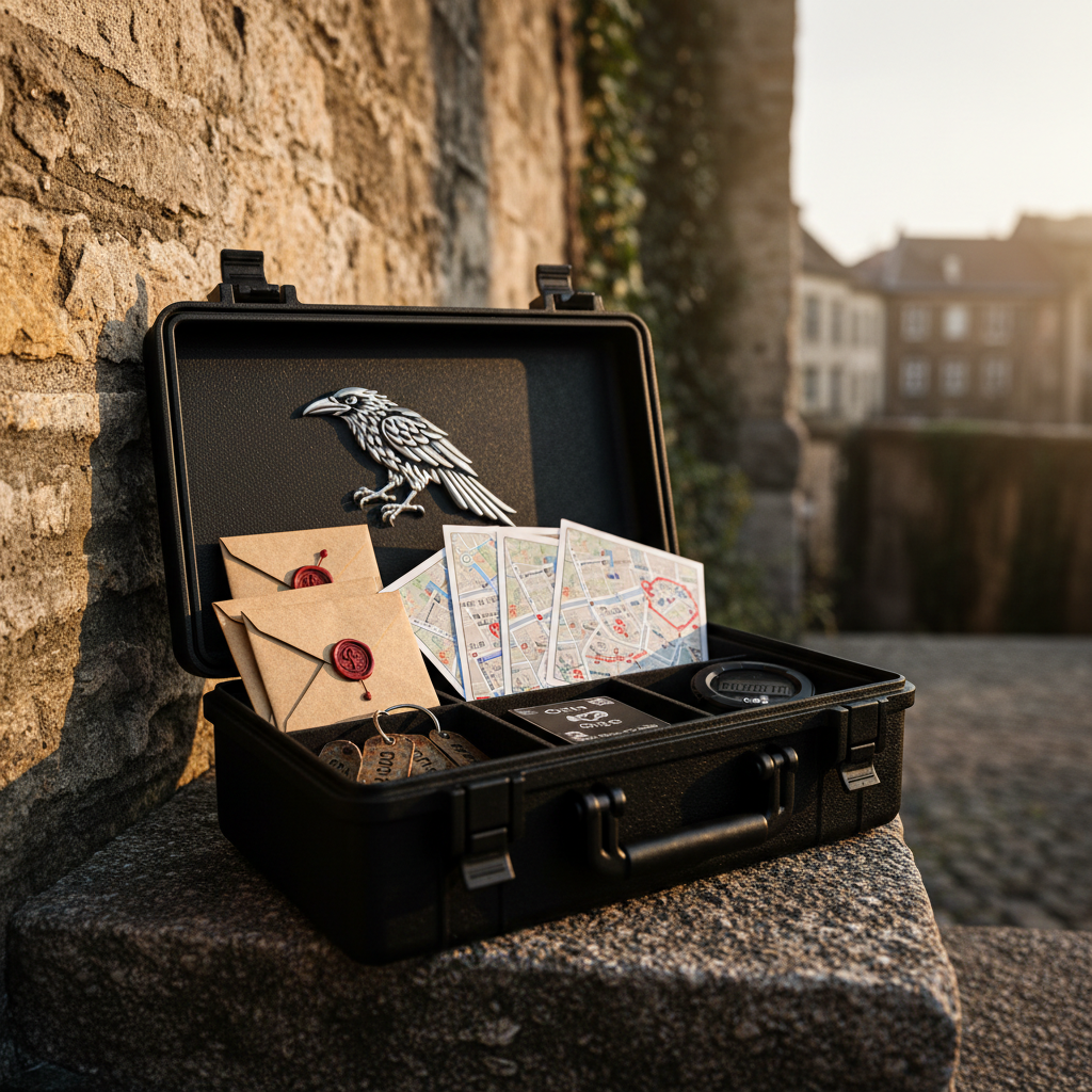 A sturdy, matte-black outdoor game case with the Odin Eye raven emblem embossed in metallic silver sits on a rough granite step beside an old city wall. The case is partially open, revealing neatly organized clue envelopes, coded metal tags, a discreet digital timer, and laminated city maps marked with cryptic symbols. Late afternoon golden-hour sunlight rakes across the stone texture and the case’s surface, creating bold, elongated shadows that emphasize edges and materials. Shot at eye level, tightly framed, in high-contrast photographic realism, the background softly blurs into hints of urban architecture and greenery. The mood is tense and adventurous, suggesting the precise moment just before a city escape game begins.